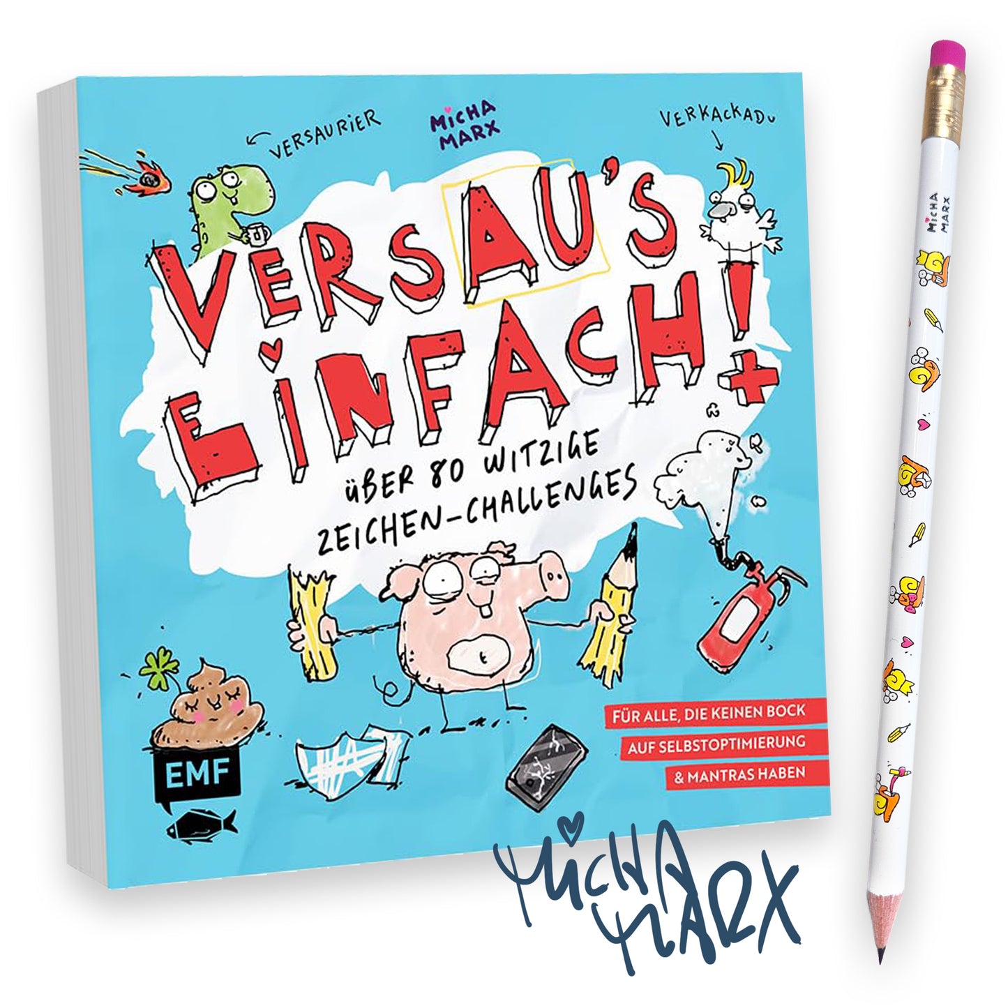 „Versau's einfach!“ Kritzelblock + Schneckenbleistift + Signatur