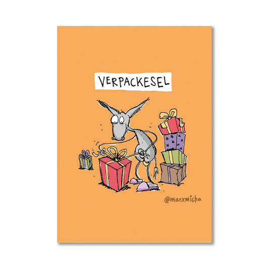 Weihnachtspostkarte Verpackesel