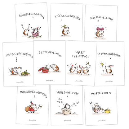 Weihnachts-Meerschweinchen Postkartenset, 10 Stück