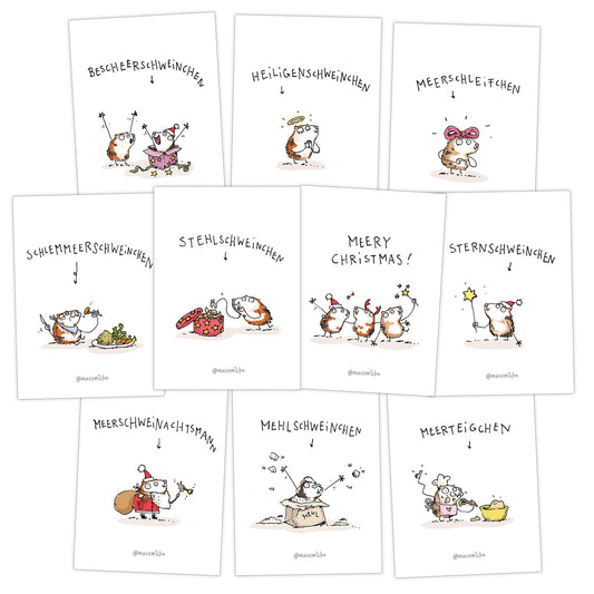 Weihnachts-Meerschweinchen Postkartenset, 10 Stück